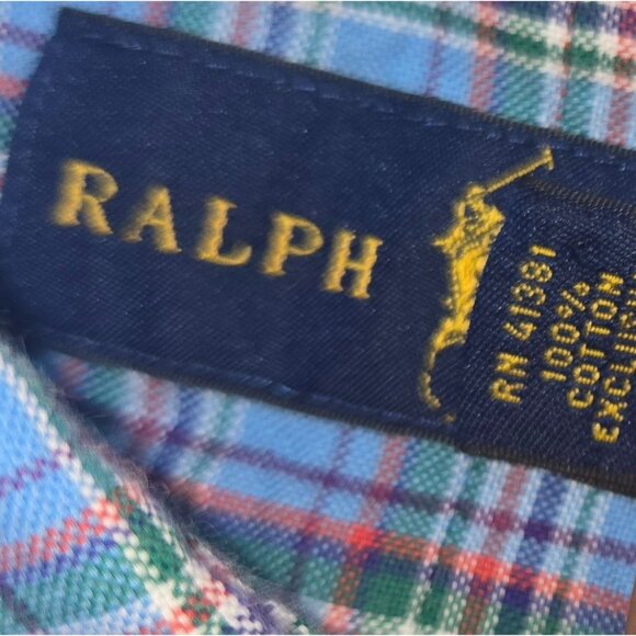 Ralph Lauren Mens Blue Dress Shirt Medium Plaid Long Sleeve Button-Down - Picture 7 of 8